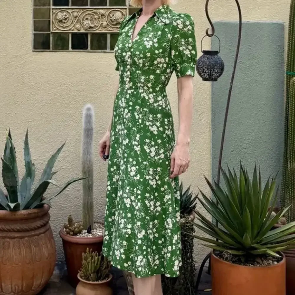 L.K. Bennett Green Floral Midi Shirt Dress SIZE 6 Silk Retro Work Designer $675 - Picture 3 of 13